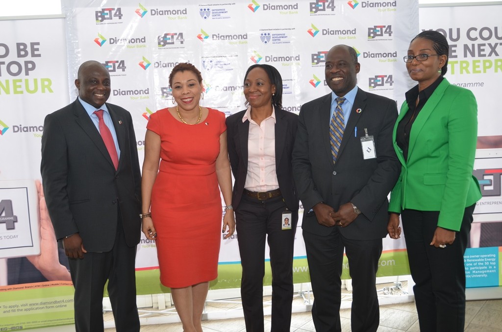 Olumide Akindele, Head, Consumer Proposition, Diamond Bank Plc; Ayona Aguele-Trimnell, Divisional Head, Corporate Communications, Diamond Bank Plc; Chidinma Lawanson, Groupwide, Human Capital Management, Diamond Bank Plc; Peter Bamkole, Director, Enterprise Development Centre, Pan Atlantic University and Nneka Okekearu, Assistant Director, Enterprise Development Centre at the press conference announcing the commencement of the fourth edition of the Building Entrepreneurs Today (BET4) programme, sponsored by Diamond Bank … Tuesday.