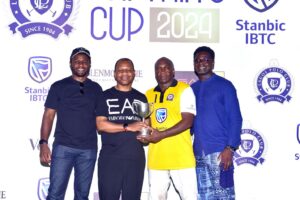 L-R: Mohammed Sani Dangote, Captain, Lagos Polo Club; Wole Adeniyi, Chief Executive, Stanbic IBTC Bank; Bode Makanjuola, President Lagos Polo Club and Muyiwa Oni, Head Equity Research, West Africa, Standard Bank and Immediate Past Captain, Lagos Polo Club at the finals of the 2024 Lagos Polo Captain's Cup, sponsored by Stanbic IBTC’s Corporate and Investment Bank.